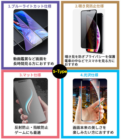 【全面保護仕様】iPhone ガラスフィルム 保護フィルム 光沢/マット/覗きみ防止/ブルーライトカット