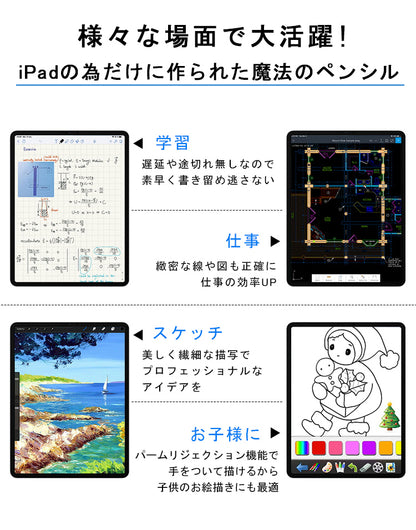 【途切れ/遅延/ズレ/誤動作防止】タッチペン iPad ペンシル スタイラスペン 極細 タブレット Type-C充電 iPad A16 第11世代 9876 第10世代 iPad Air Pro 11インチ 12.9 13インチ M5 M4 M3 iPad Air5 Air4 mini6 mini7 磁気吸着 パームリジェクション