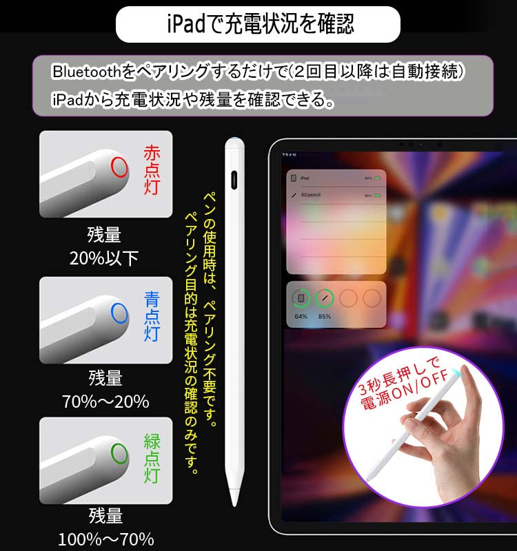 【ワイヤレス充電+Type-C急速充電】タッチペン iPad ペンシル スタイラスペン 極細 iPad A16 第11世代 9876 第10世代 iPad Air Pro 11インチ 13インチ M5 M4 M3 M2 iPad Air5 Air4 mini7 パームリジェクション 磁気吸着 途切れ/遅延/ズレ/誤操作防止