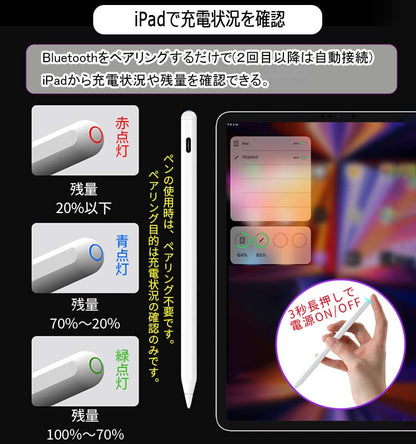 【ワイヤレス充電+Type-C急速充電】タッチペン iPad ペンシル スタイラスペン 極細 iPad A16 第11世代 9876 第10世代 iPad Air Pro 11インチ 13インチ M5 M4 M3 M2 iPad Air5 Air4 mini7 パームリジェクション 磁気吸着 途切れ/遅延/ズレ/誤操作防止