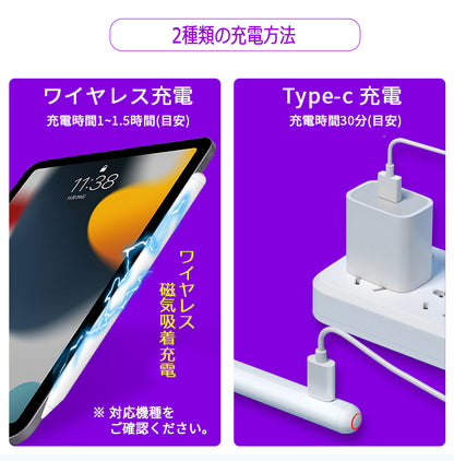 【ワイヤレス充電+Type-C急速充電】タッチペン iPad ペンシル スタイラスペン 極細 iPad A16 第11世代 9876 第10世代 iPad Air Pro 11インチ 13インチ M5 M4 M3 M2 iPad Air5 Air4 mini7 パームリジェクション 磁気吸着 途切れ/遅延/ズレ/誤操作防止