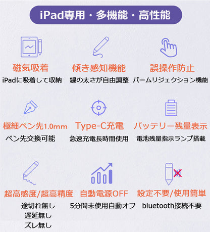 【傾き感知/残量表示】タッチペン iPad ペンシル スタイラスペン 極細 iPad A16 第11世代 9876 第10世代 iPad Air Pro 11インチ 13インチ M5 M4 M3 M2 iPad Air5 Air4 mini6 mini7 Type-C急速充電 パームリジェクション 途切れ/遅延/ズレ/誤操作防止