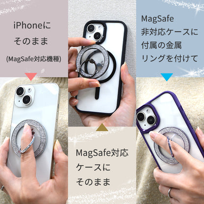【360°回転スタンド 強力磁気吸着】Magsafe対応 スマホリング スマホ リング iPhone16 iPhone15 iPhone14 13 Pro ホールドリング スマートフォン リング付き スタンド機能 マグネット搭載 落下防止 スリム 軽量薄型 かわいい おしゃれ 韓国 キラキラ